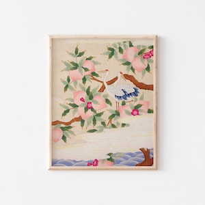 Peach and Crane, Korean painting DIGITAL DOWNLOAD, Korean traditional art
