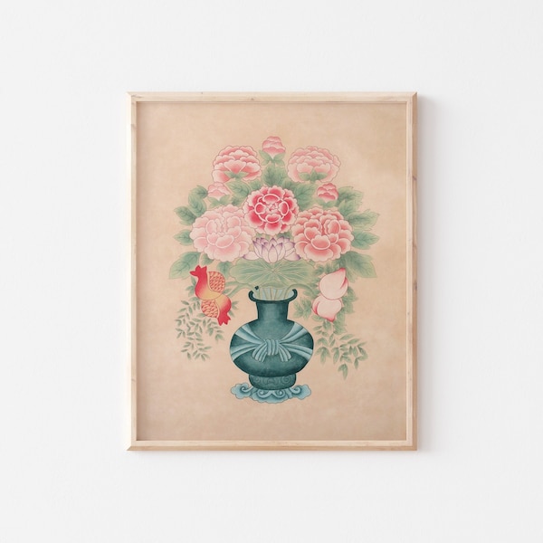 Korean folk painting, Korean Peony painting, Korea wall decor, Korean traditional art