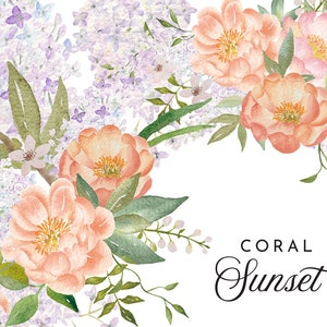 May include: Watercolor painting of a floral arrangement with peach and pink flowers and purple blossoms. The text "CORAL Sunset" is written in black cursive at the bottom of the image.