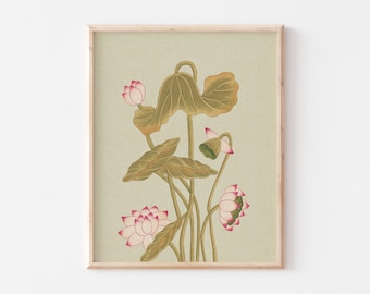 Korean Lotus Flower Painting Minhwa Art Print (Digital Download