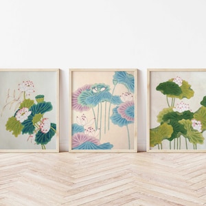 Set of 3 Korean painting, Korean home decor, Korean wall art Lotus Flower painting DIGITAL DOWNLOAD, Water lily painting, Eastern Art Prints