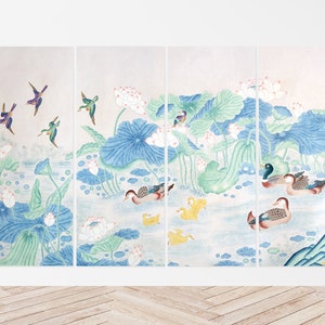Korean art painting Folding Screen - Set of 4 - DIGITAL DOWNLOAD, Korean Traditional Art Prints