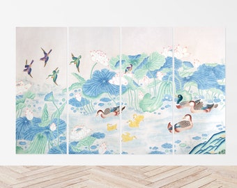 Korean Art Folding Screen Print: Ducks and Lotus Pond (Digital Download)