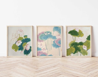 Korean Lotus Flower Art Prints – Traditional Minhwa Folk Painting Set (Digital Download)