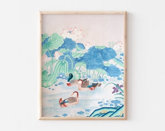 Korean Lotus Flower Art Print: Traditional Minhwa Painting (Digital Download)