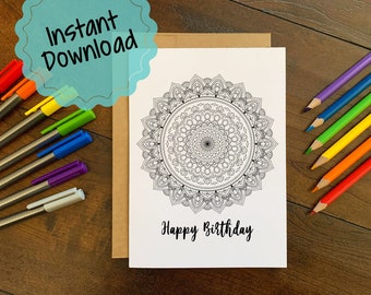 Instant Download Colorable Birthday Card Mandala | Happy Birthday Card for Coloring | Greeting Card | Relaxation & Stress Relief Activity