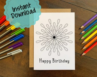 Print At Home Colorable Birthday Card Mandala | Happy Birthday Card for Coloring | Snail Mail Mandala Card | Stress Relief Coloring Activity