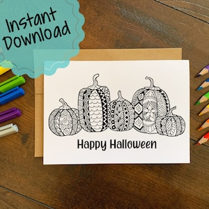Imprimir en casa Tarjeta de Halloween coloreable / Tarjeta de calabaza para colorear / Tarjeta de felicitación de calabaza de Halloween / Actividad para colorear para aliviar el estrés