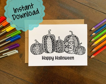 Print at Home Colorable Halloween Card | Pumpkin Card to Color | Halloween Pumpkin Greeting Card | Stress Relief Coloring Activity