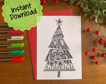 Instant Download Christmas Card | Printable Mandala Christmas Card | Color Your Own Christmas Tree Greeting Card | Christmas Crafts