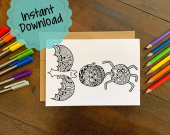 Print at Home Colorable Halloween Card | Halloween BOO Card for Coloring | Greeting Card | Stress Relief Coloring Activity