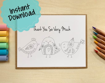 Printable Colorable Thank You Card | Illustrated Bird Card | Blank Inside | Thank You With Birds | Three Birds | Print at Home