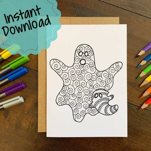 Print at Home Colorable Halloween Card | Halloween Ghosts Card to Color | Friendly Ghosts Greeting Card | Stress Relief Coloring Activity