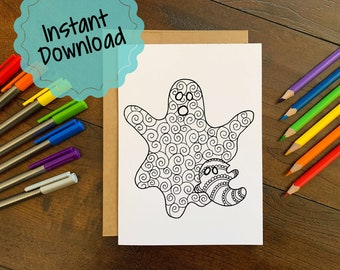 Print at Home Colorable Halloween Card | Halloween Ghosts Card to Color | Friendly Ghosts Greeting Card | Stress Relief Coloring Activity