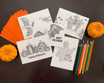 5 Halloween Themed Color Your Own Greeting Cards, Hand Drawn, 5"x7", Mandala Zentangle Drawing, Gift for Him/Her