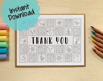 Printable Colorable Thank You Card | Illustrated Thank You Card | Greeting Card for Coloring | Flowers and Hearts Card | Print at Home