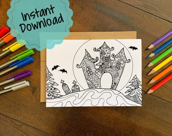 Print at Home Colorable Halloween Card | Haunted House Card to Color | Halloween Greeting Card | Stress Relief Coloring Activity