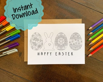 Printable Easter Bunny Coloring Card - Easter Greeting Card - 5x7 A7 Greeting Card - Color Your Own Greeting Card - DIY Easter Card