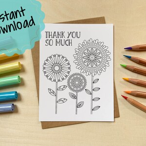 Printable Colorable Thank You Card | Floral Thank You Card | Blank Inside | Greeting Card for Coloring | Flower Card | Instant Download Card