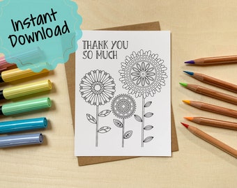 Printable Colorable Thank You Card | Floral Thank You Card | Blank Inside | Greeting Card for Coloring | Flower Card | Instant Download Card