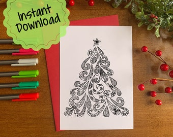 Instant Download Christmas Card | Printable Mandala Christmas Card | Color Your Own Christmas Tree Greeting Card | Christmas Crafts