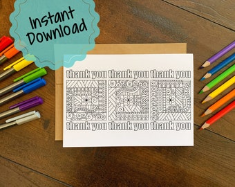 Printable Colorable Thank You Card | Thank You Card for Coloring | Log Cabin Quilt Card | Card for Quilters | Relaxation Activity