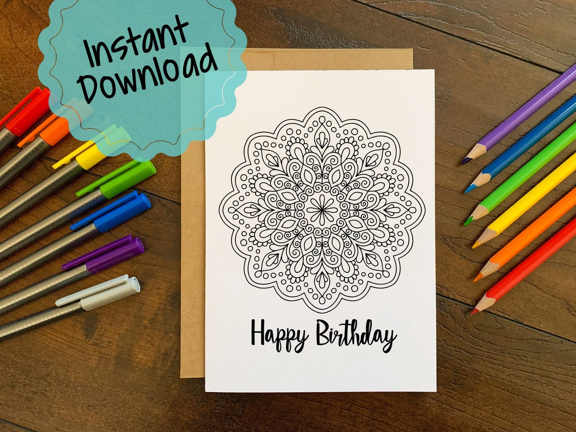Print at Home Colorable Birthday Card Mandala Happy Birthday Card for ...