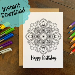 Imprimez à la maison Mandala de carte d'anniversaire à colorier | Carte de joyeux anniversaire à colorier | Carte de voeux | Activité de coloriage anti-stress