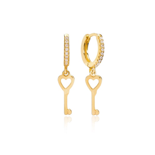 14 K Gold Plated Vintage Key Earrings,Key Dangle,Key Earring,Silver Earrings,Small Hoop Earrings,Gift for her, Minimalistic Earrings