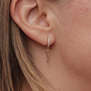 14K Gold Plated Key Dangle Earrings: Sterling Silver Huggies