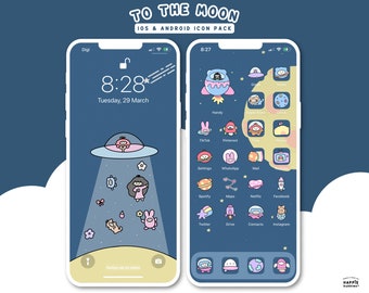 To The Moon iOS Android App Icons, Cute Phone Theme, Home screen, Lock screen, Widget, Phone Wallpaper Set, Custom Phone Wallpaper,Icon Pack