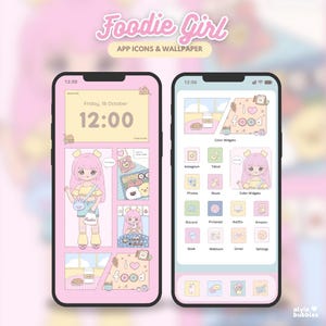 Foodie Girl ios android app icons, cute icon pack, pastel purple app icons, cute phone theme, kawaii app icons & wallpaper