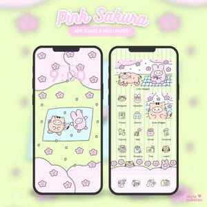 Pink Sakura ios android cute wallpaper icon set, pink phone theme, kawaii app icons | Happie Bubbles