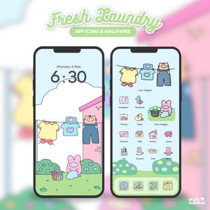 Fresh Laundry ios android app icons, cute icon pack, blue green app icons, cute phone theme, kawaii app icons | Happie Bubbles