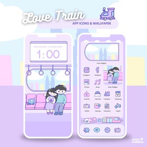 Pode incluir: Ilustração digital de uma tela de telefone com o tema 'Love Train'. A tela de bloqueio mostra um casal em um trem, enquanto a tela inicial apresenta ícones de aplicativos e widgets em um esquema de cores roxo pastel. O texto 'Love Train' e 'APP ICONS & WALLPAPER' são visíveis.