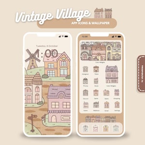 May include: A phone screen showcases a "Vintage Village" theme, including app icons and wallpaper. The lock screen features a village scene with a windmill and houses. The home screen displays app icons with a village aesthetic, including Instagram, TikTok, and Photos.