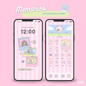 Memories ios app icons, cute icon pack, pink app icons, cute phone theme, kawaii app icons & wallpaper