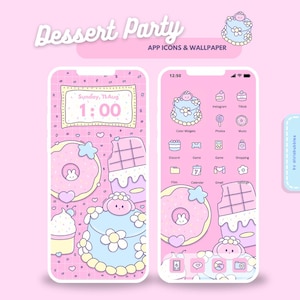May include: A pink phone wallpaper and app icon set with a dessert theme. The design includes a cake, donut, and chocolate bar, with the words "Dessert Party" at the top. The phone displays the time and date.