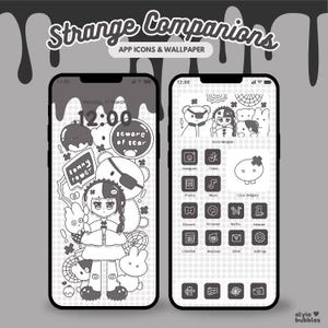 Pode incluir: Papel de parede e conjunto de ícones de aplicativos para telefone em preto e branco com o texto "Strange Companions". A tela de bloqueio exibe uma garota de desenho animado e personagens. A tela inicial mostra ícones de aplicativos com ilustrações correspondentes.