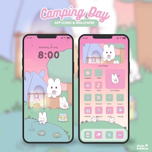 Camping Day app icons wallpaper pack, cute icon pack, pink app icons, cute phone theme, kawaii app icons & wallpaper, android ios app icons