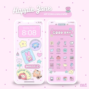 May include: Pink phone wallpaper with the text "Happie Zone" and "App Icons & Wallpaper." The phone displays a lock screen and home screen with cute icons and stickers. The lock screen shows the date and time. The home screen says "Good Day."