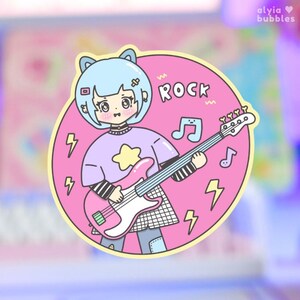Sticker rocker girlie, sticker guitare rose, stickers fille anime kawaii, sticker holographique