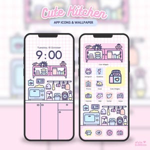 Cute Kitchen iOS Android Custom App Icons, Cute Phone Theme, Home screen, Lock screen, Pink Phone Wallpaper Set, Icon Pack, Phone Decor