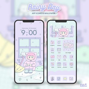 Rainy Day ios android app icons, cute icon pack, pastel purple app icons, cute phone theme, kawaii app icons & wallpaper