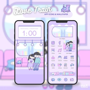 Love Train ios android app icons, cute icon pack, purple app icons, cute phone theme, kawaii app icons | Happie Bubbles
