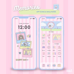 May include: Pink phone wallpaper and app icons with a cute, pastel aesthetic. The lock screen displays the time and date, with framed illustrations. The home screen shows app icons and widgets. Text includes "Memories," "APP ICONS & WALLPAPER," and "HAPPY DAY."
