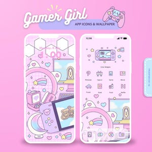 May include: Pastel pink and purple phone wallpaper with a gamer theme. The design includes a game controller, hearts, stars, and the words "Gamer Girl." The wallpaper features app icons and a cute aesthetic.
