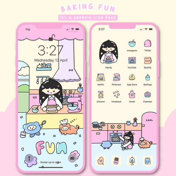 Baking Fun iOS Android App Icons, Cute Phone Theme, Home screen, Lock screen, Widget, Phone Wallpaper Set, Custom Phone Wallpaper, Icon Pack