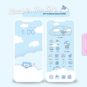 May include: A light blue phone wallpaper design with the text "Cloud in The Sky" and "APP ICONS & WALLPAPER". The design features cartoon clouds, a bear character, and app icons. The time is displayed as 1:00.