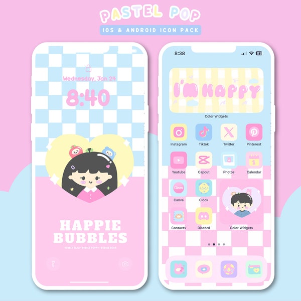 Pastel Pop ios android app icons, cute phone theme pastel wallpaper icon pack